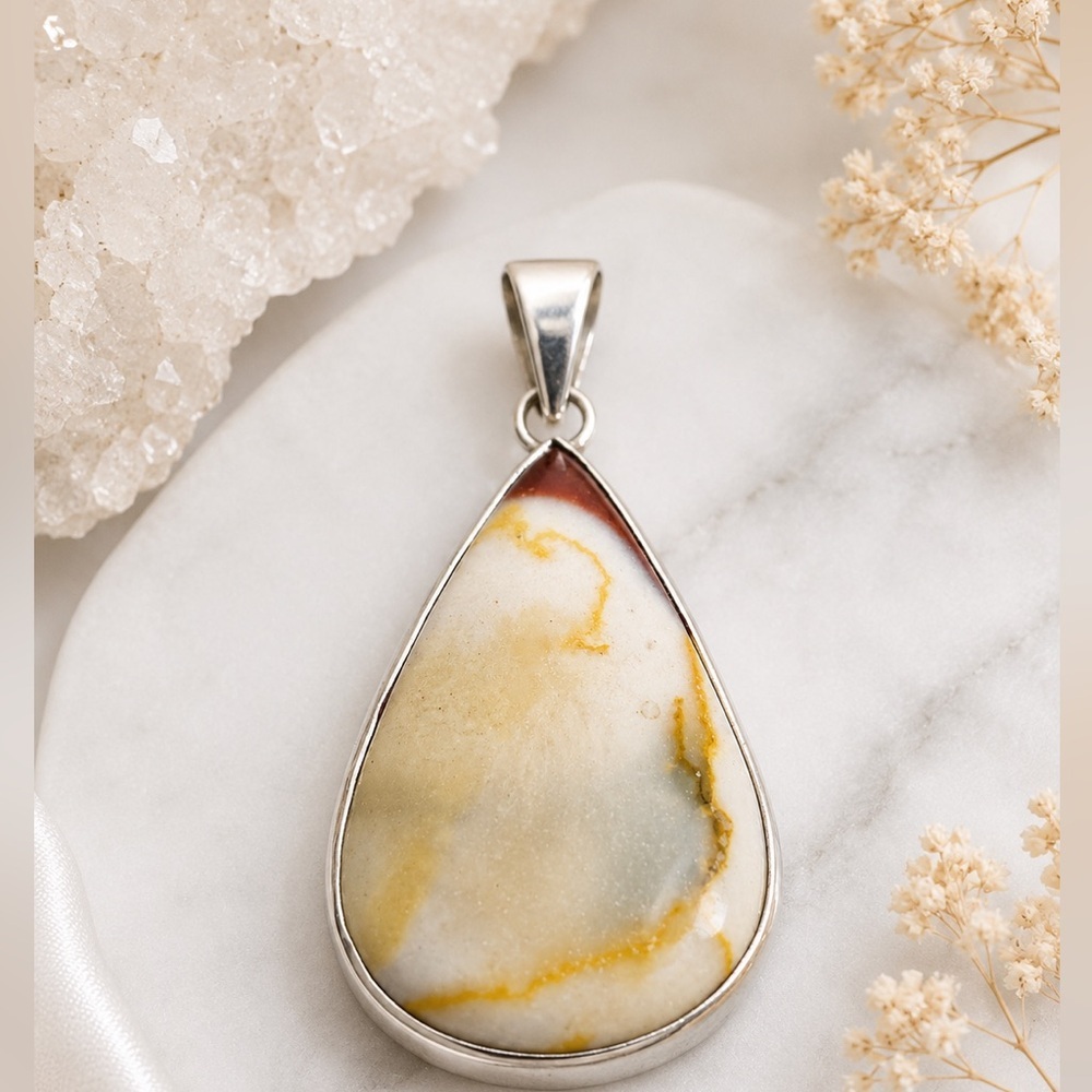 Artisan MOOKAITE JASPER Teardrop Pendant in Yellow, Cream, and Rust Veining